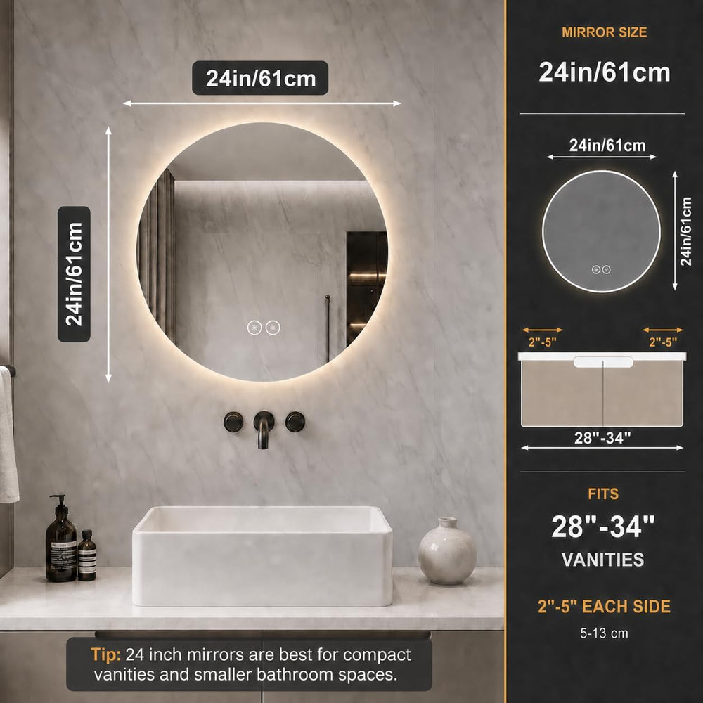 LAIYA 24 Inch Round LED Bathroom Mirror Frameless Backlit Anti-Fog Dimmable