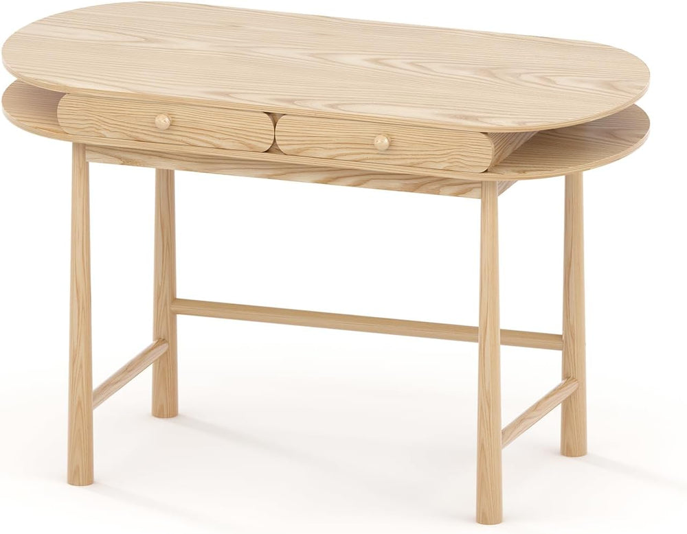 48in Solid Wood Desk - Oval-Shaped Double-Top Dressing Table, Ash