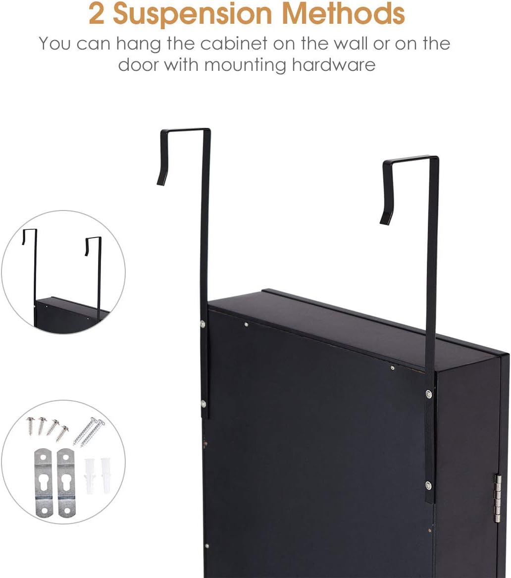 AUGESTER Door/Wall-Mounted Jewelry Cabinet, Jewelry Organizer w/ Full-Length Mirror, Makeup Mirror, Ring holders, Necklace Hooks, Hanging Mirror with Jewelry Storage (Black)