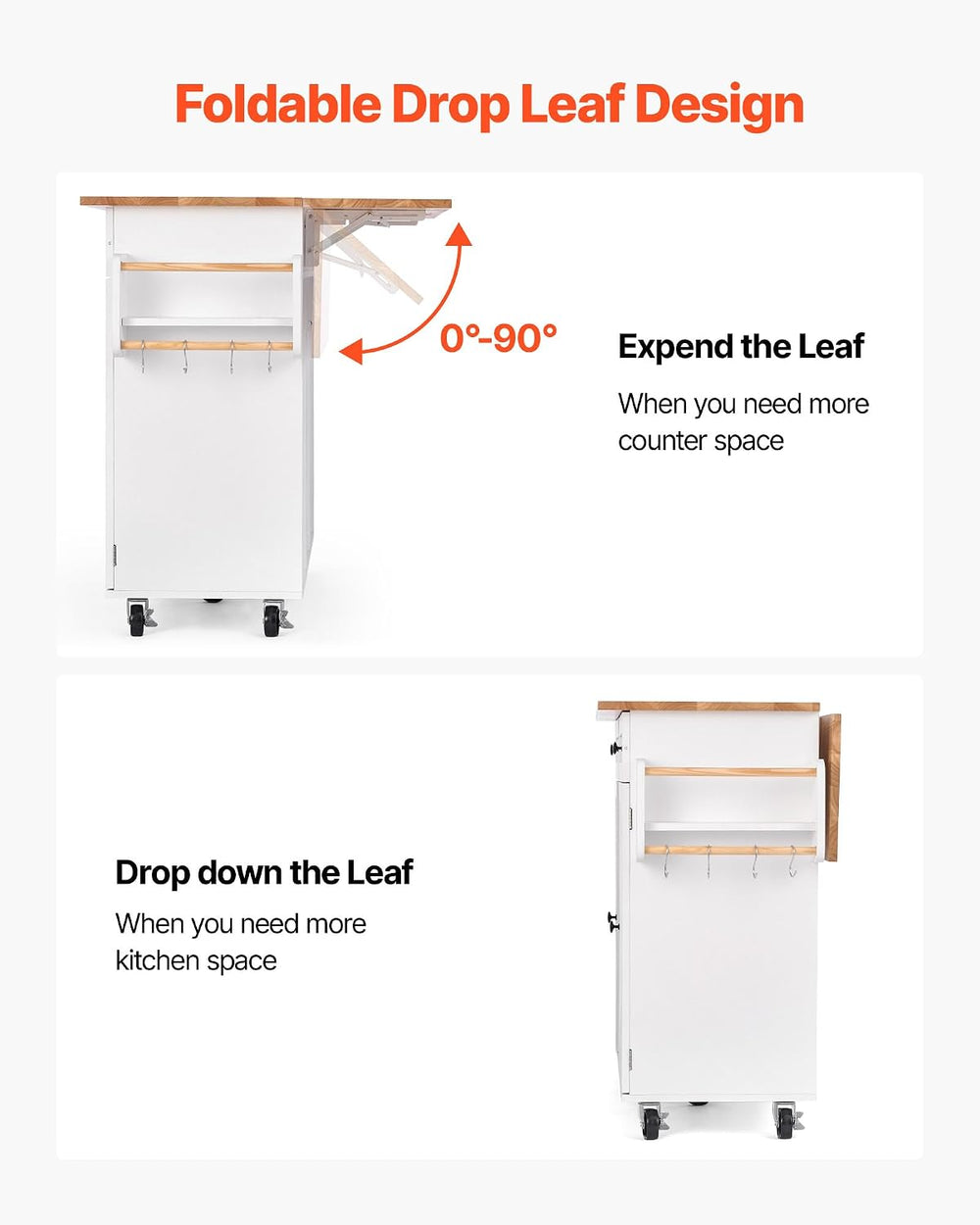 VEVOR Kitchen Island Cart, with Solid Wood Top and Storage Cabinet, Mobile Ro...