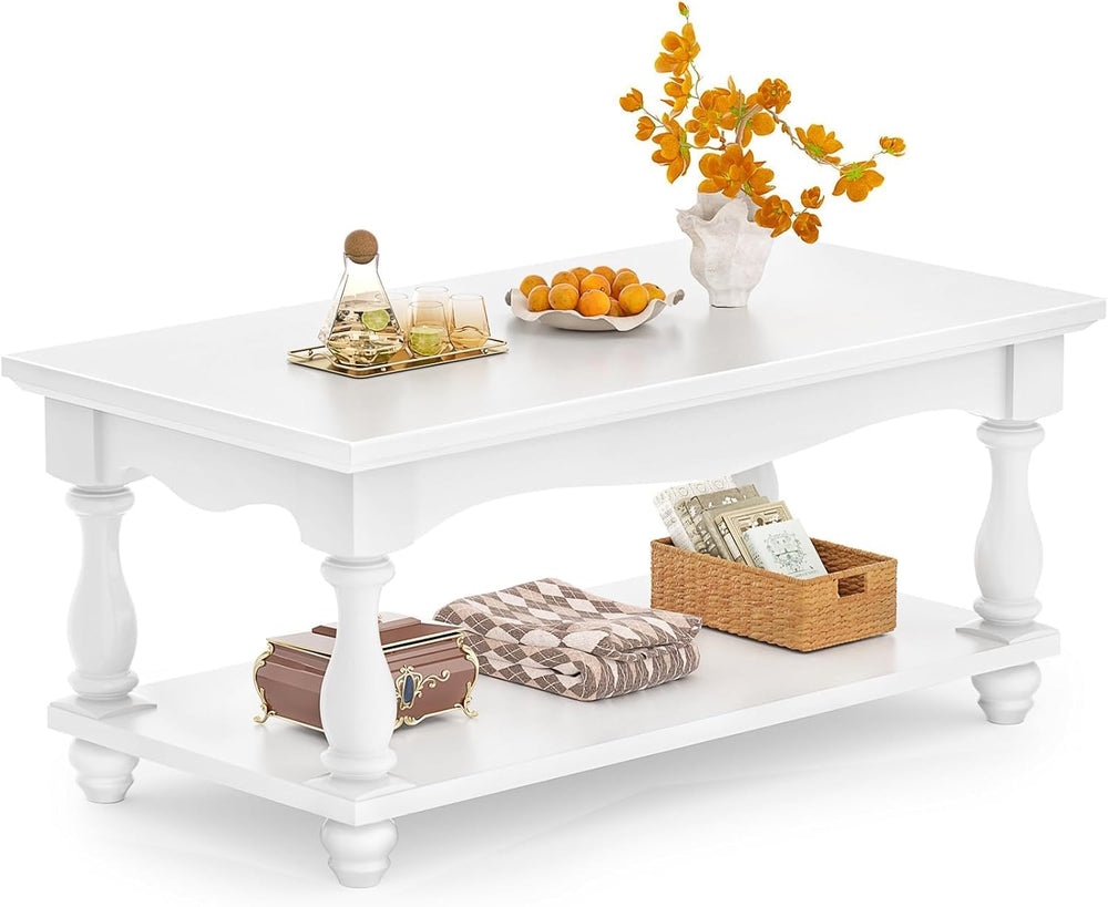 Besiost 47" Farmhouse Coffee Table with 2-Tier Storage, White