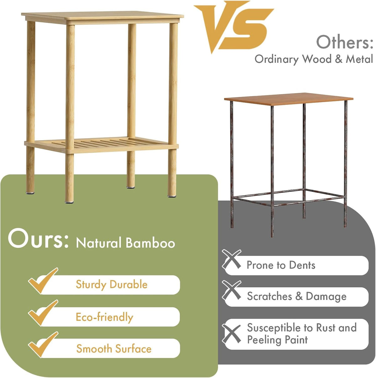 2 Tier Bamboo Narrow End Table, No Tool Assembly Bedroom Bedside Table, Small Space Nightstand, Bathroom Storage, Sofa Side Table, Entryway Table