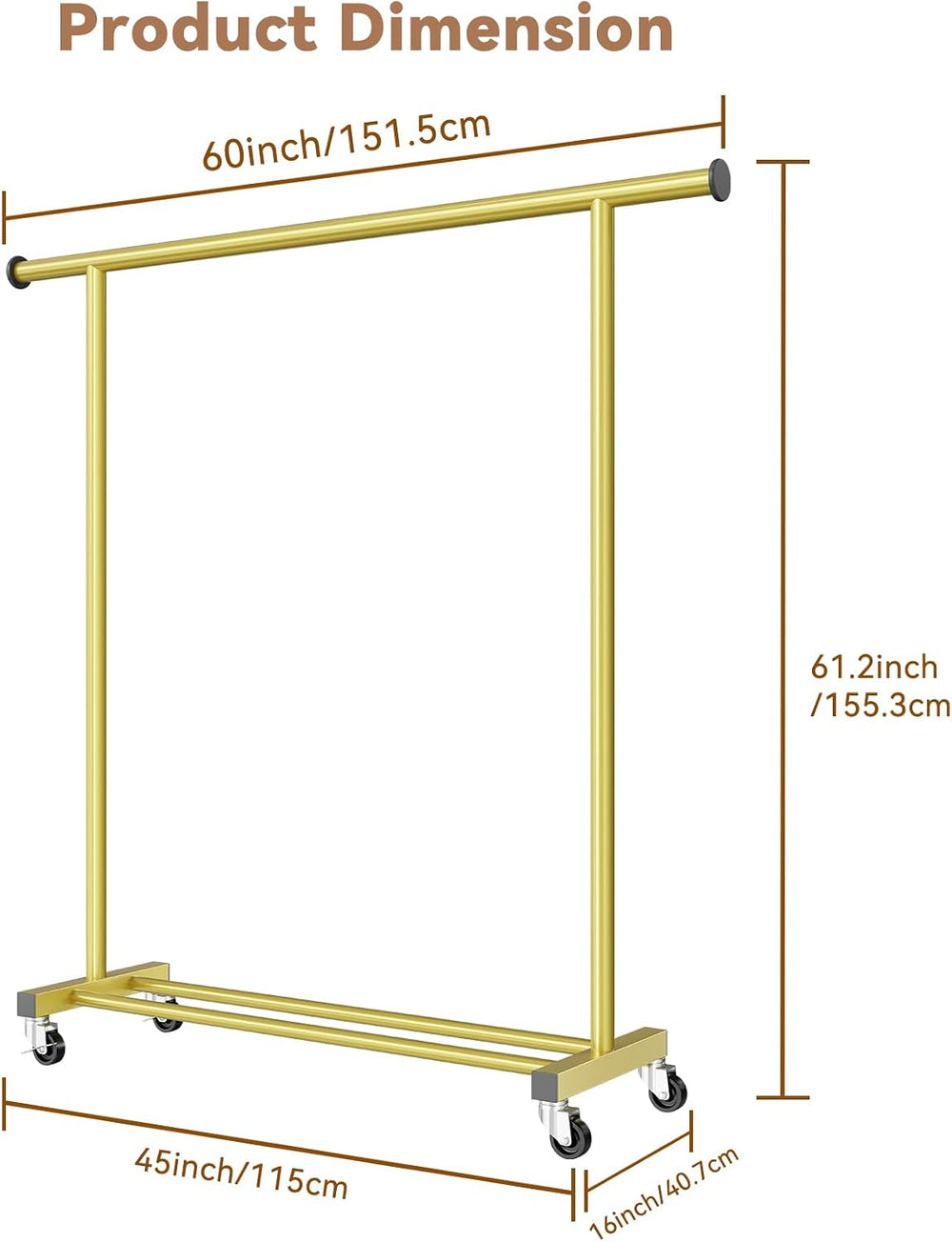 Standard Clothes Rack, Rolling 60“L Clothing Garment Rack with Wheels for Han...