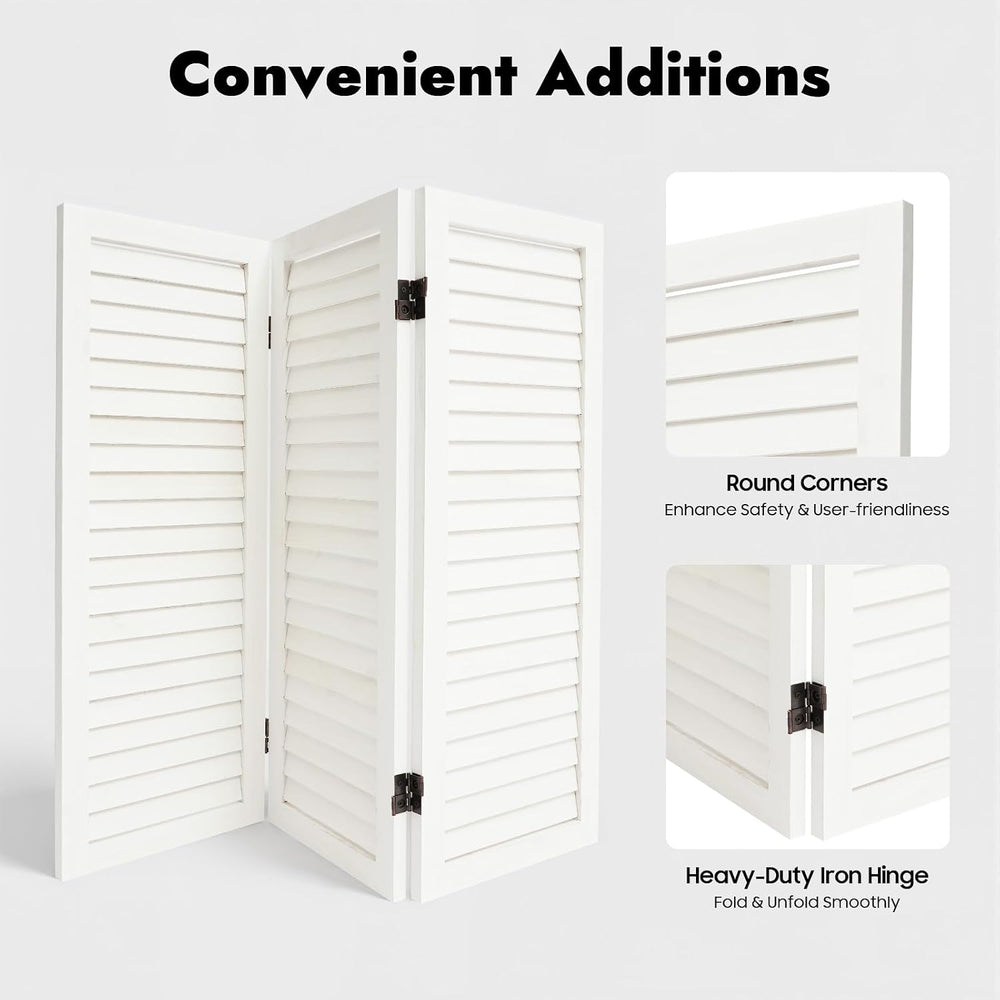 3 Panel Room Divider Screen White, Paulownia Wood Freestanding Privacy Partit...