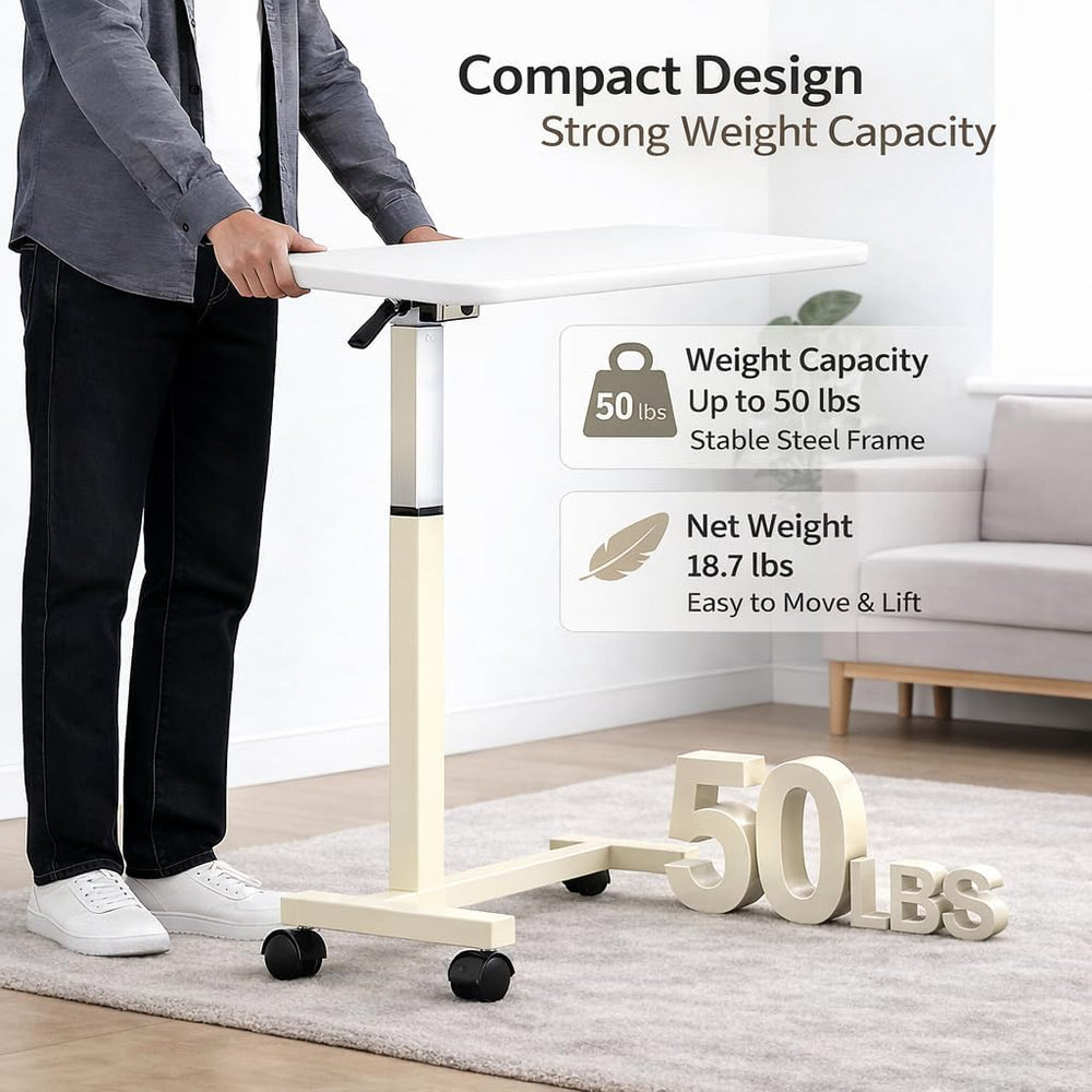 Adjustable Overbed Table with Wheels, Pneumatic Height Lift Rolling Bedside T...