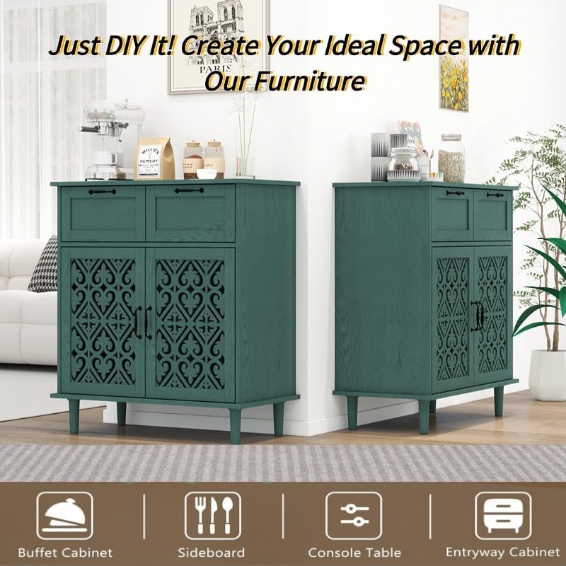Green Buffet Sideboard Cabinet with 2 Doors 2 Drawers- Accent Cabinet with Ad...