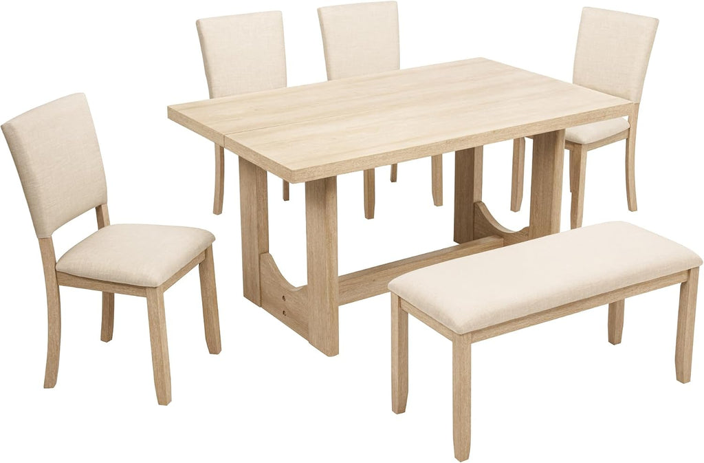 Merax Farmhouse Rectangular Dining Table with U-Shaped Base, 4 Upholstered Chairs and Bench for Kitchen Living Room, Light Oak+Beige (6 Piece)