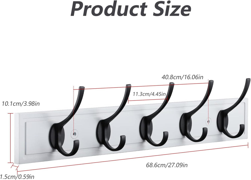 Wall Mounted Coat Rack, 27 Inch MDF Board with 5 Double Hooks, White