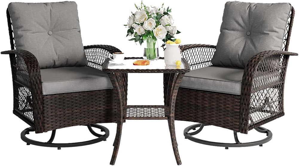 Patio Furniture Set 3 Pieces, Outdoor Swivel Glider Rocker Bistro Set, Gray