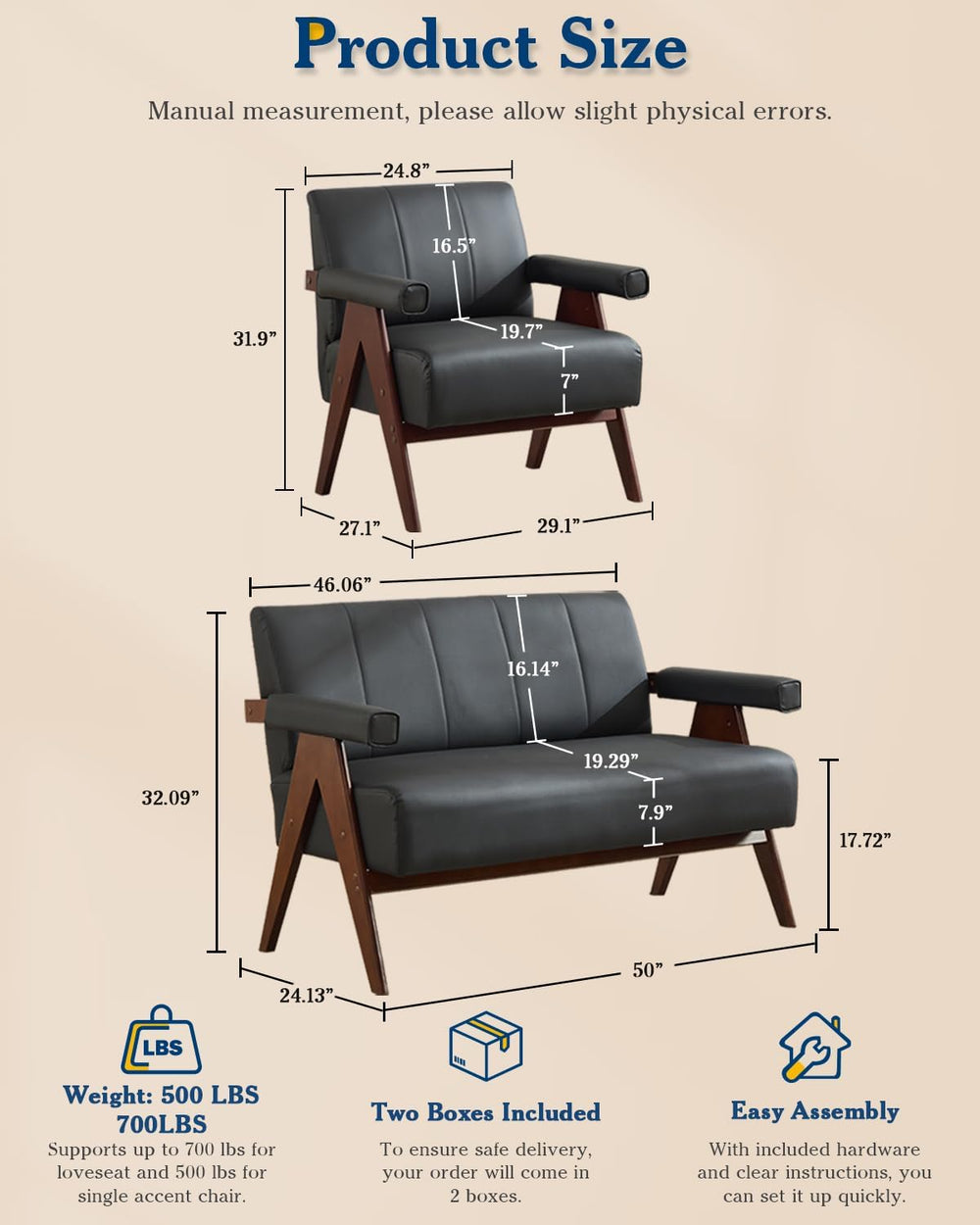 Mid Century Modern Black Faux Leather 3pcs Sofa Sets Solid Wood Frame