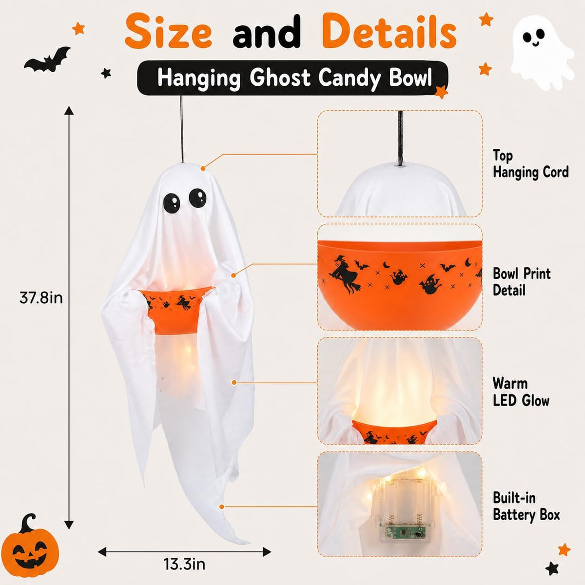 UQJE Hanging Ghost Candy Bowl, Lighted Halloween Treat Holder
