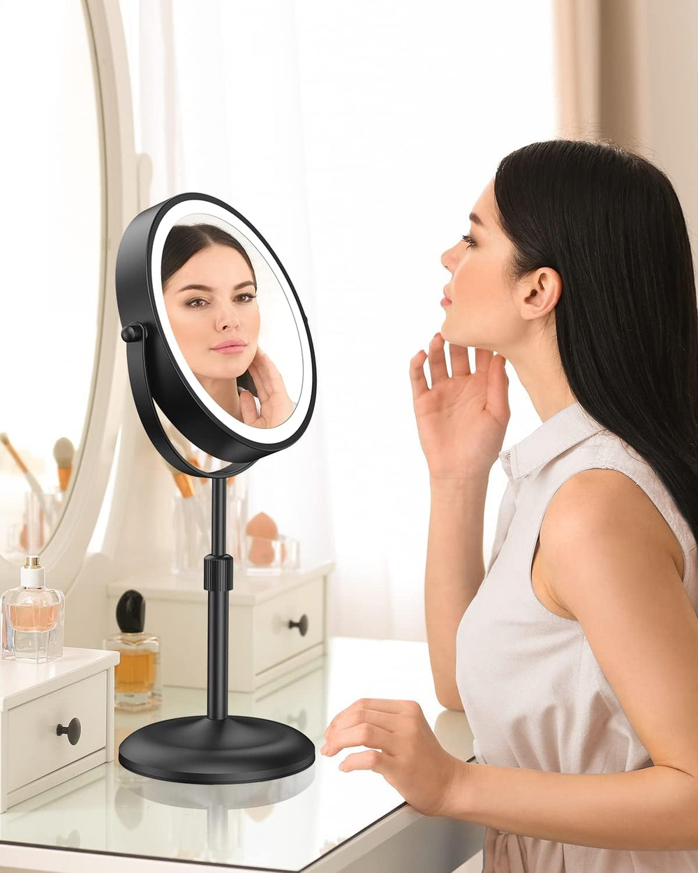 7" Lighted Makeup Mirror with Magnification 10X, Height Adjustable,3 Lights