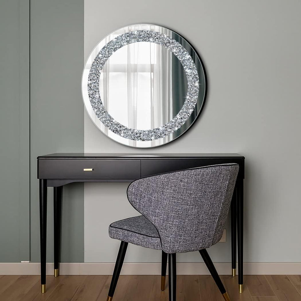 Crystal Crush Diamond Sparkly Round Silver Mirror for Wall Decoration 20x20x1...