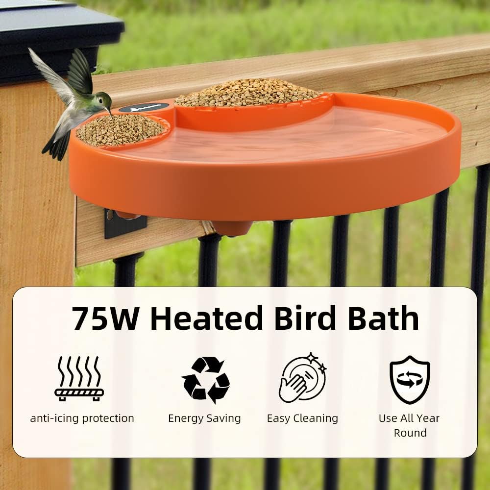 Heated Bird Bath, 75W Thermostatically Controlled Birdbath Heater with 2 Food...