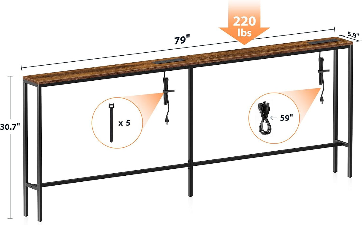 Bathola 80.7'' Behind Couch Table with 2 Outlets, Sofa Tables Narrow Long