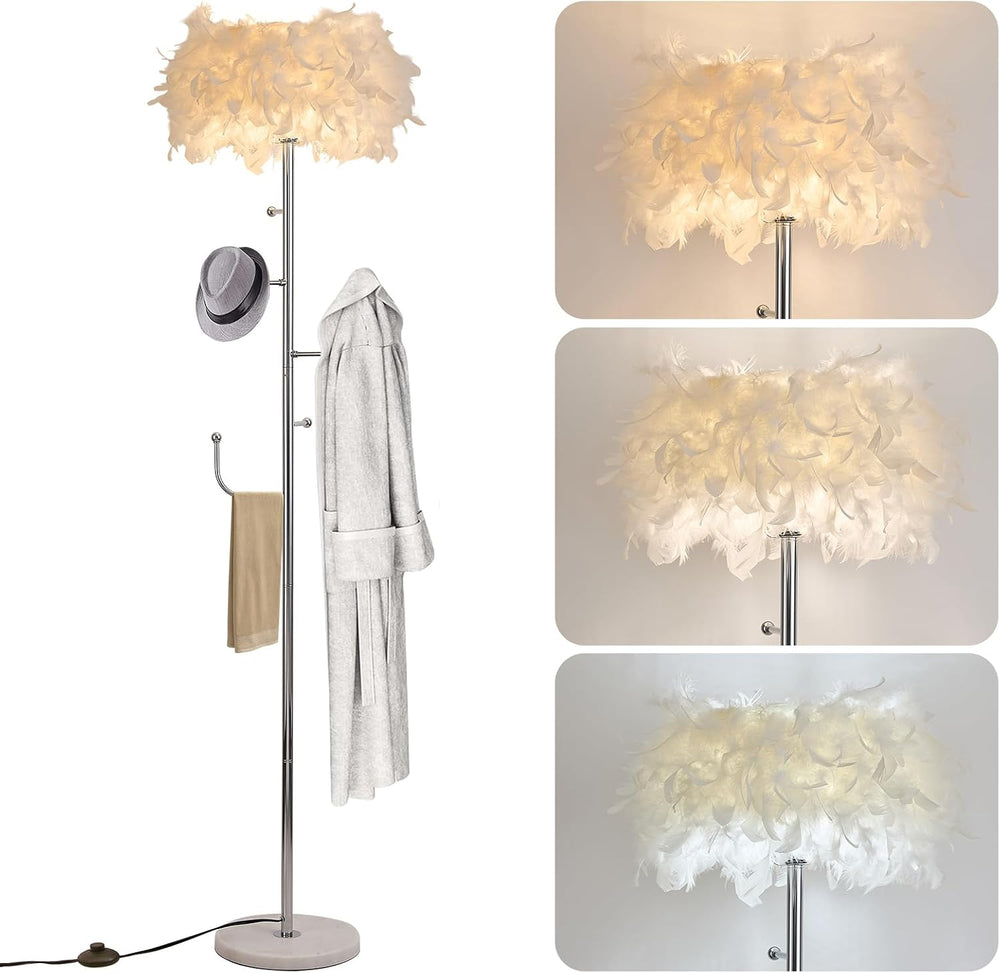 Feather Floor Lamp with Coat Rack - Modern Metal Hall Tree with 5 Hooks for L...