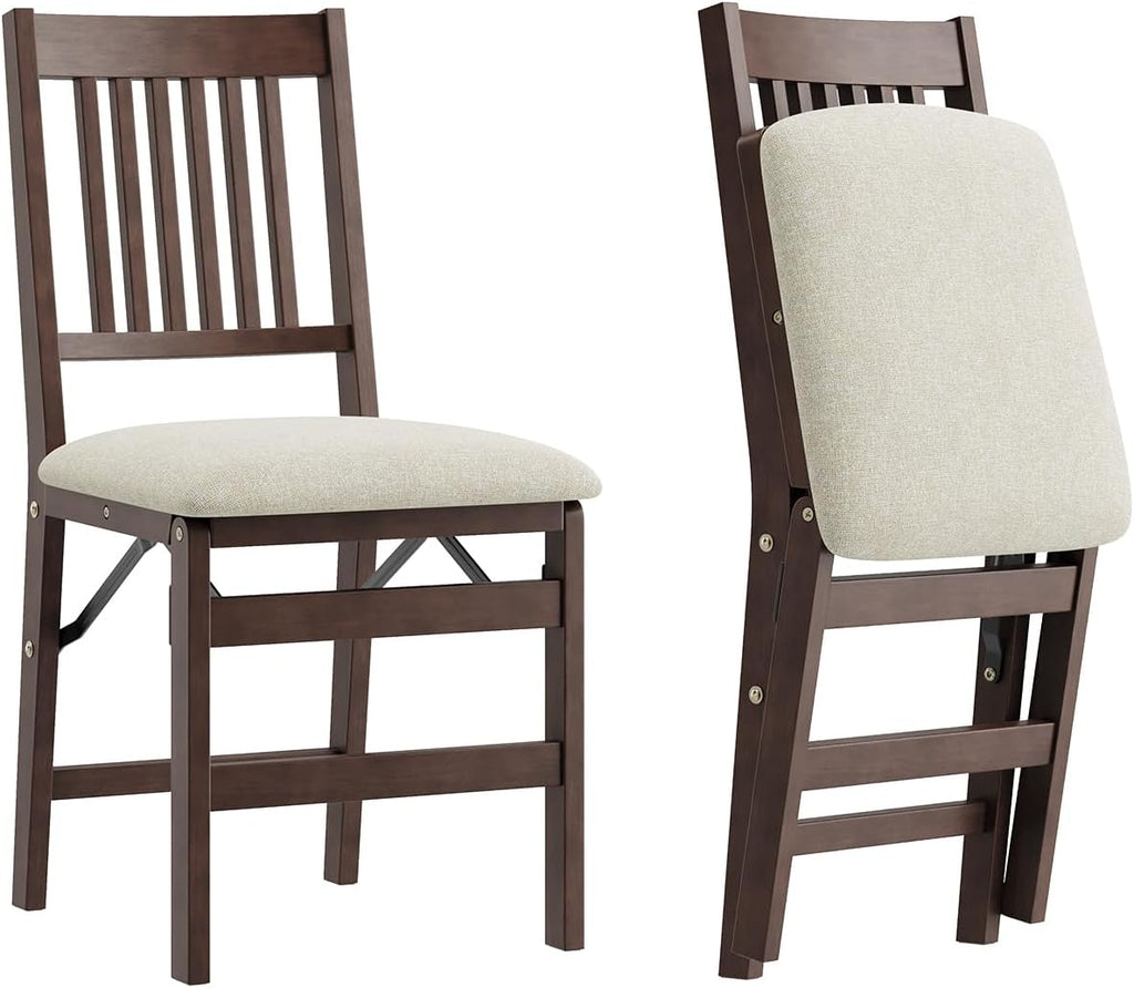Folding Wood Dining Chairs Set of 2 – No Assembly, Beige Fabric Cushion