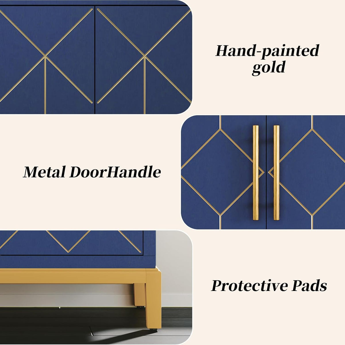 HLR Accent Cabinet with Gold Trim,Storage Cabinet with 2 Doors,Modern Wooden Sideboard for Living Room, Kitchen, Office and Hallway,Blue