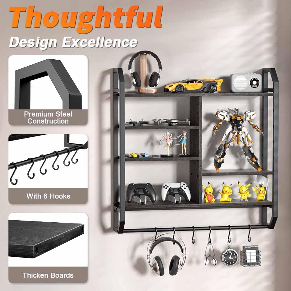 34 Inch Gaming Shelf, 6-Tier with LED Floating Shelf for Wall