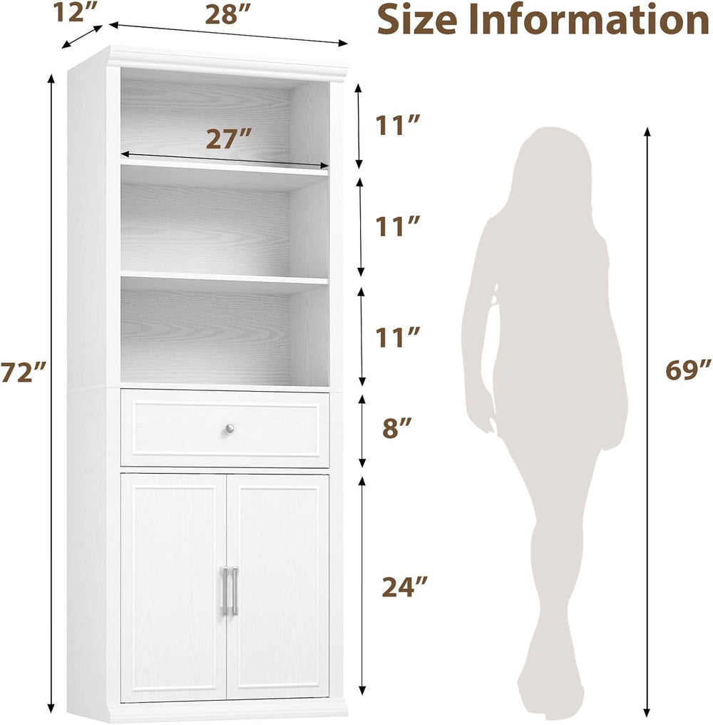 Rresyet Bookshelf with Doors and Drawers, 6-Tier, 72 Inch, White