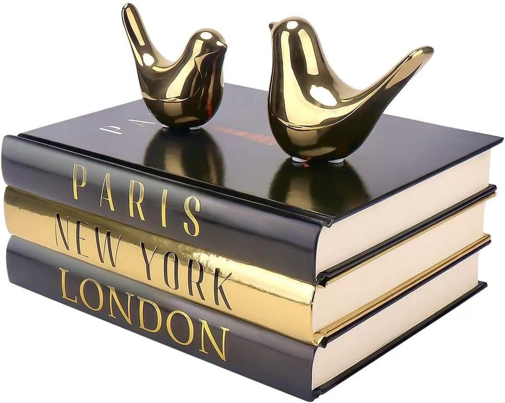 Decorative Books for Home Decor with Gold Bird Statues, 3-Piece Book Set