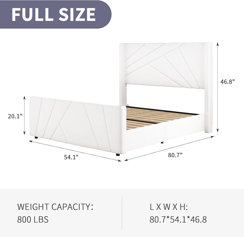BarnFurin Full Size Bed Frame with Tall Geometric Wingback Headboard, Cream W...