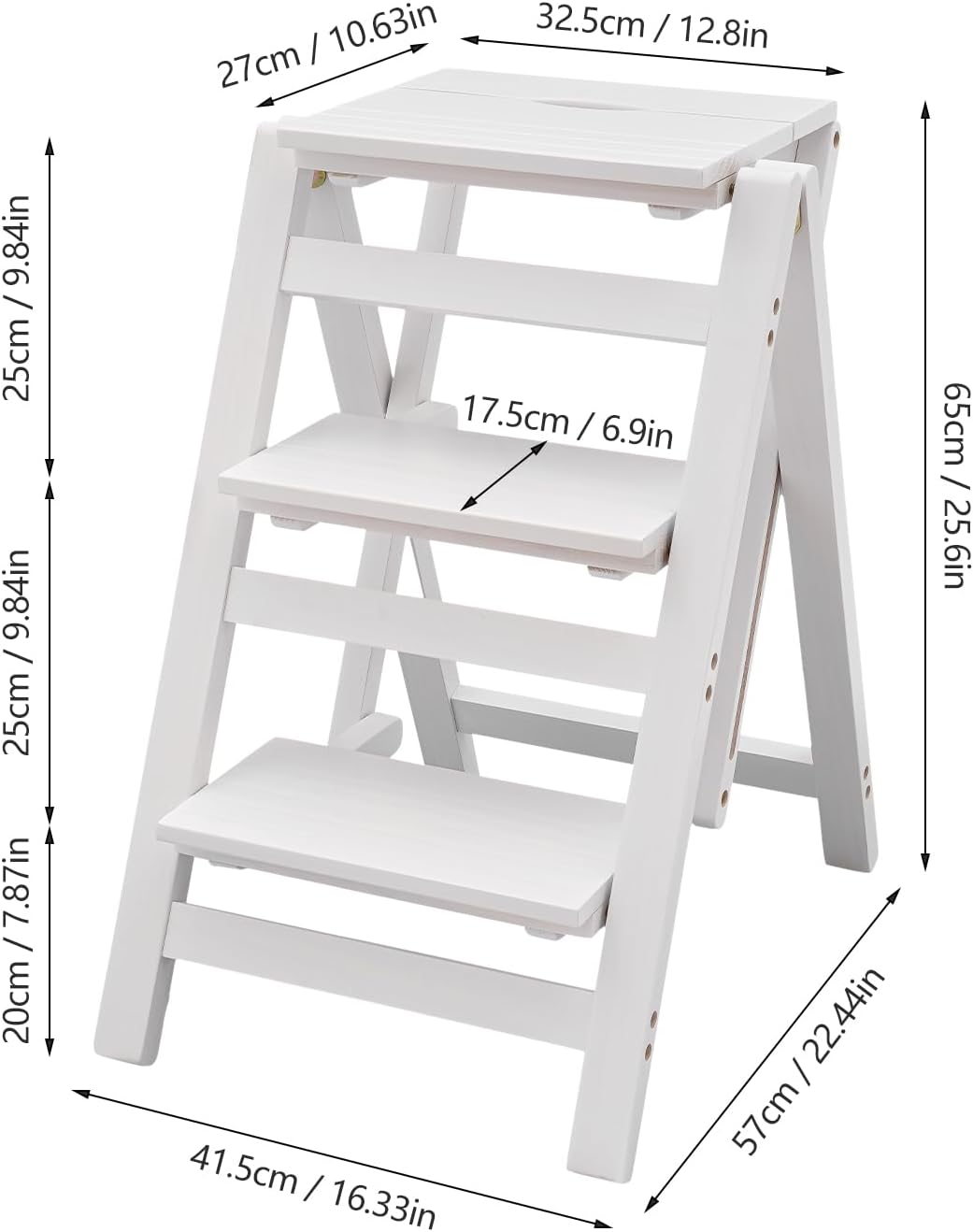 Step Stool for Adults Step Ladder Counter Chair, 3-Step Folding Portable Wooden Step Stool for Library Home Kitchen, 220 lbs White
