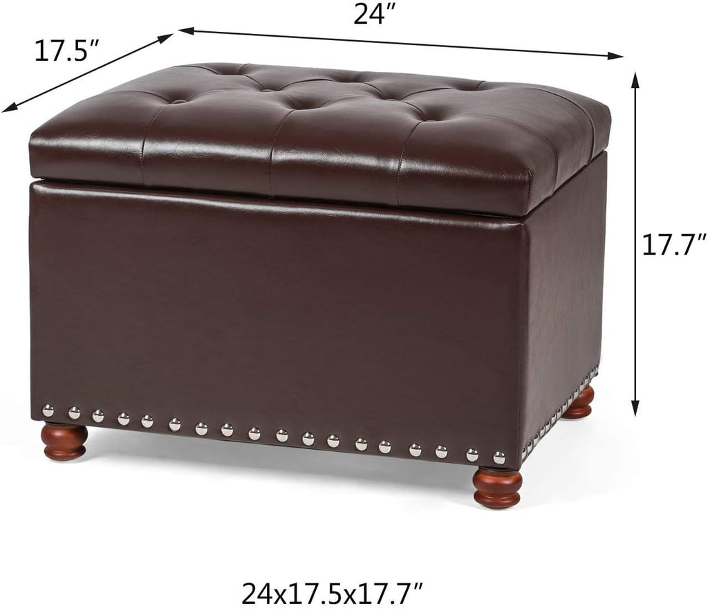 Adeco Button Tufted Accents Rectangular PU Leather Storage Bench Ottoman Footstool for Living Room Bedroom