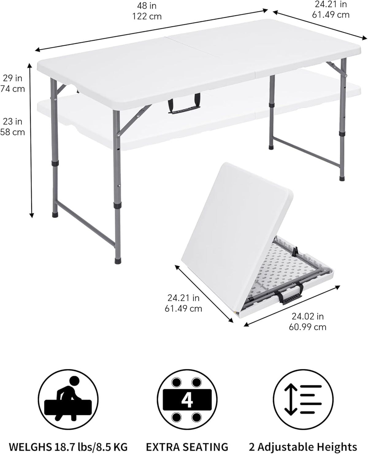 Folding Camping Table 4 Foot Adjustable Height 350lbs, 4FT Folding Picnic Card Table for Outdoor, Plastic Rectangular Dining Work Tables for Indoor, Heavy Duty Fold-in-Half Tray Tables