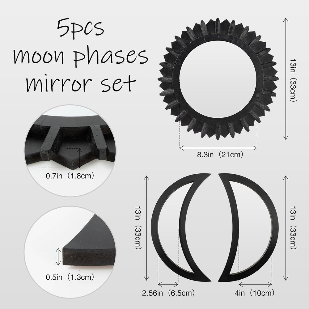 WAKOSAN Moon Phase Wall Mirror Set, 5PCS Wooden and Real Glass Mirrors