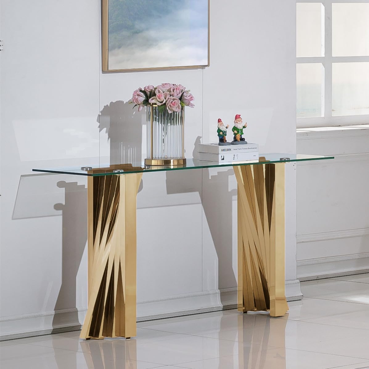 3 Piece Gold Living Room Table Set, Rectangular Modern Glass Coffee Table, Console Table and End Table, Luxury Coffee Table Set of 3 with Stainless Steel Legs for Apartment, Bedroom