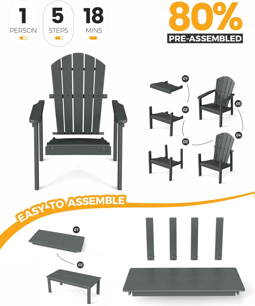 nevilywood Stackable Adirondack Set, 4 Chair with Table, Patio Set, Grey