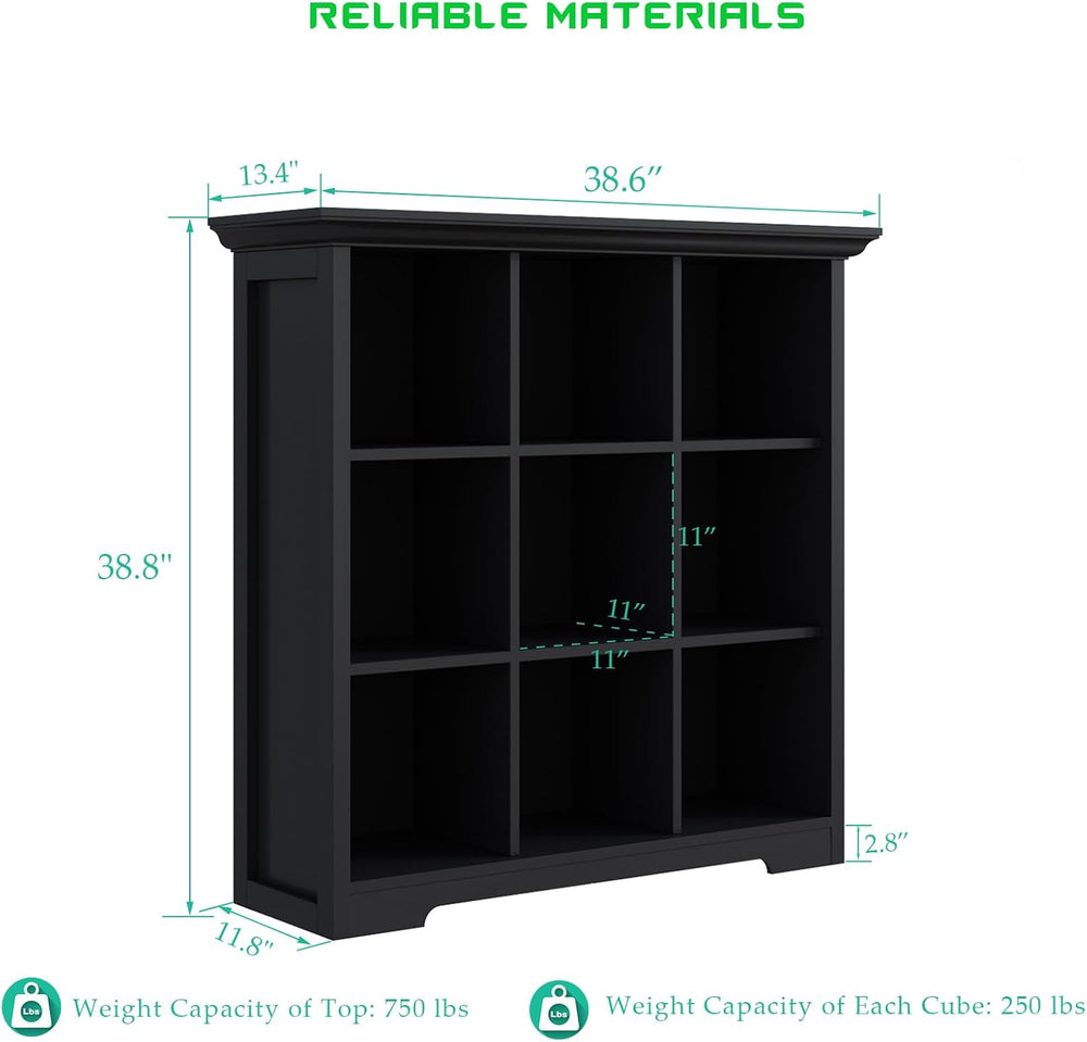 OSCHF 9-Cube Open Bookcase with Base, 3-Tier Wooden Bookshelf, Black