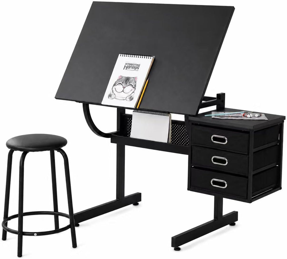 Adjustable Drawing Table with 3 Drawers & Stool, for Art & Work