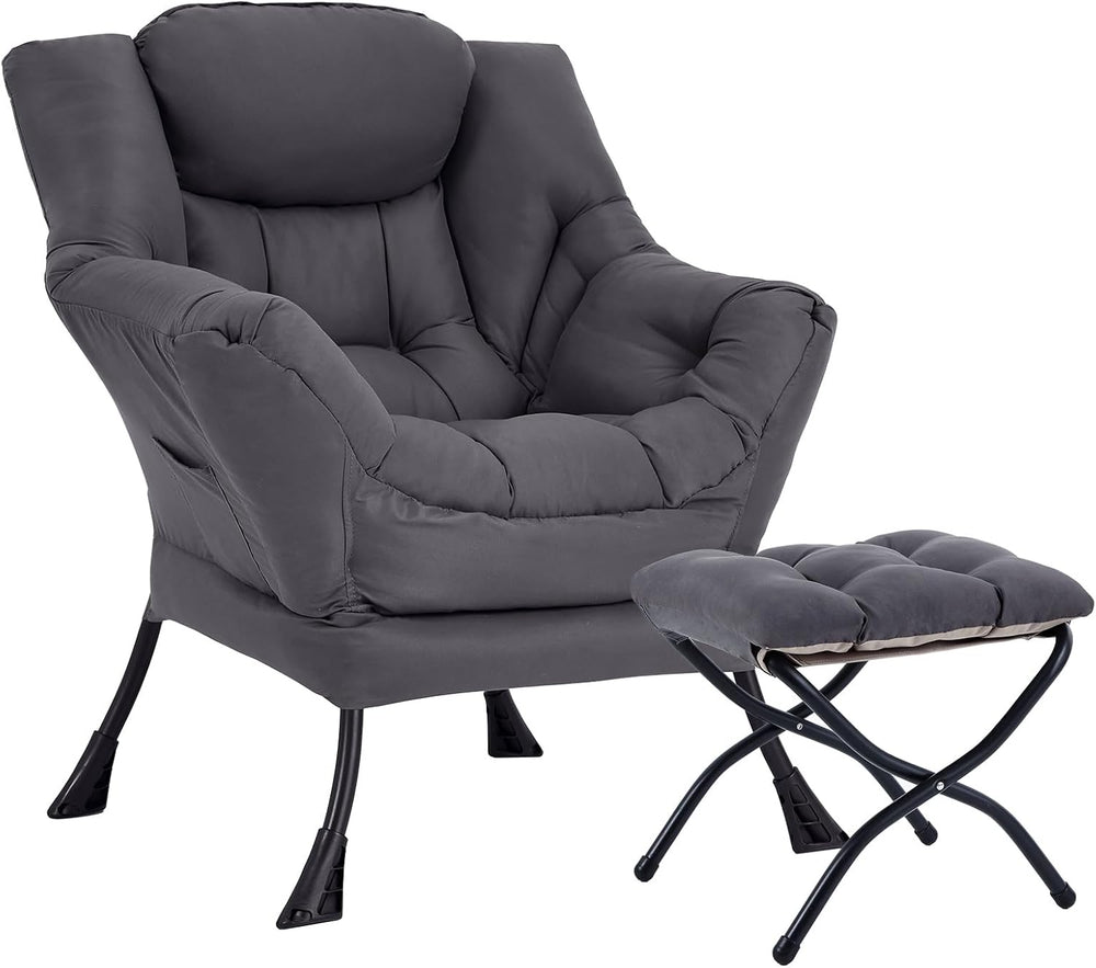 Lazy Chair with Ottoman, Soft Comfy Chair for Bedroom, Grey