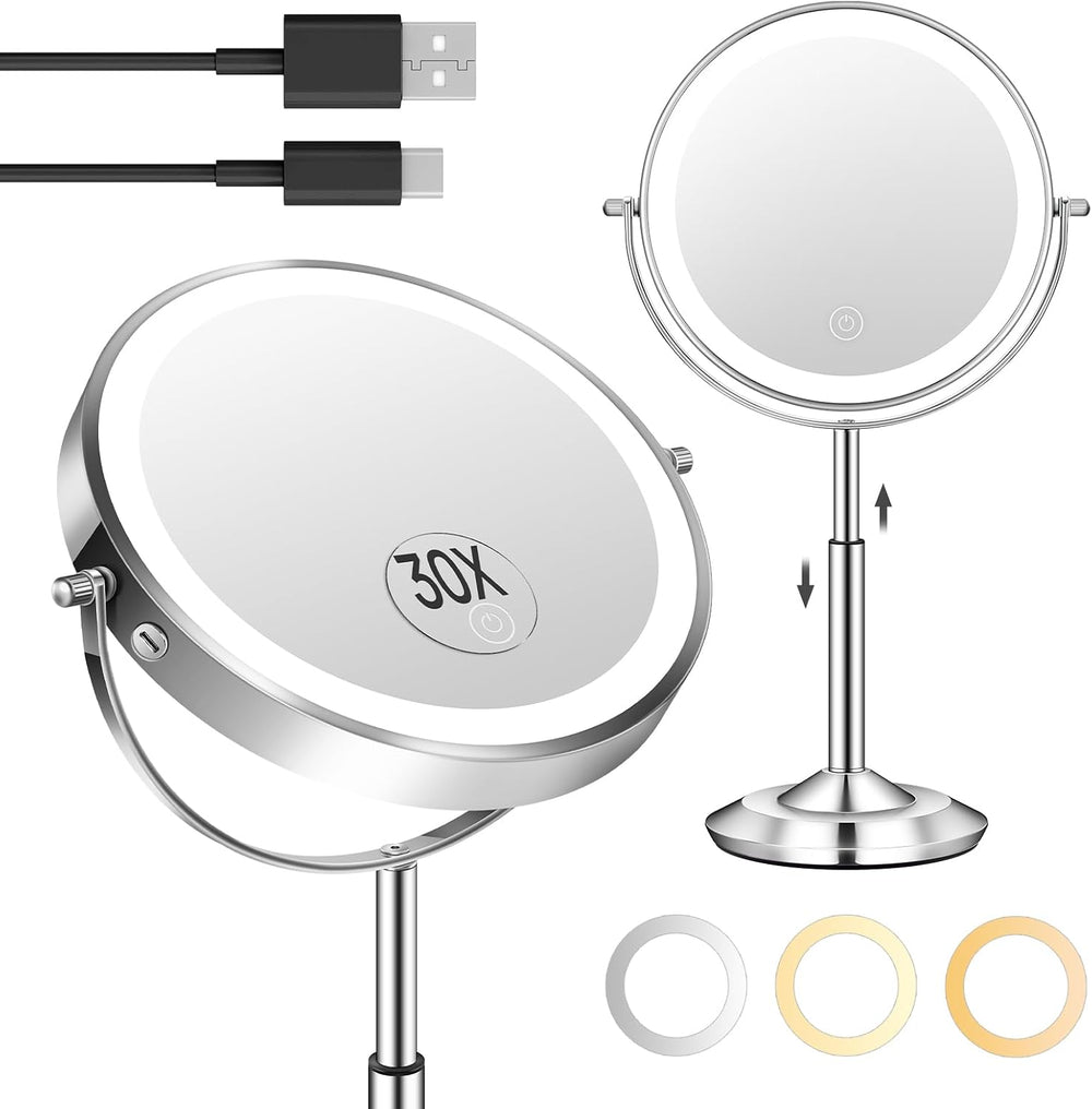1X/30X 8" Magnifying Makeup Mirror with Lights Height Adjustable for Desk