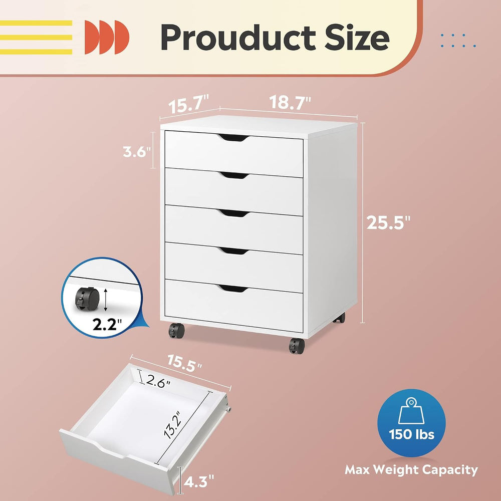 DEVAISE 5-Drawer Filing Cabinet Under Desk, Storage file Cabinet, White