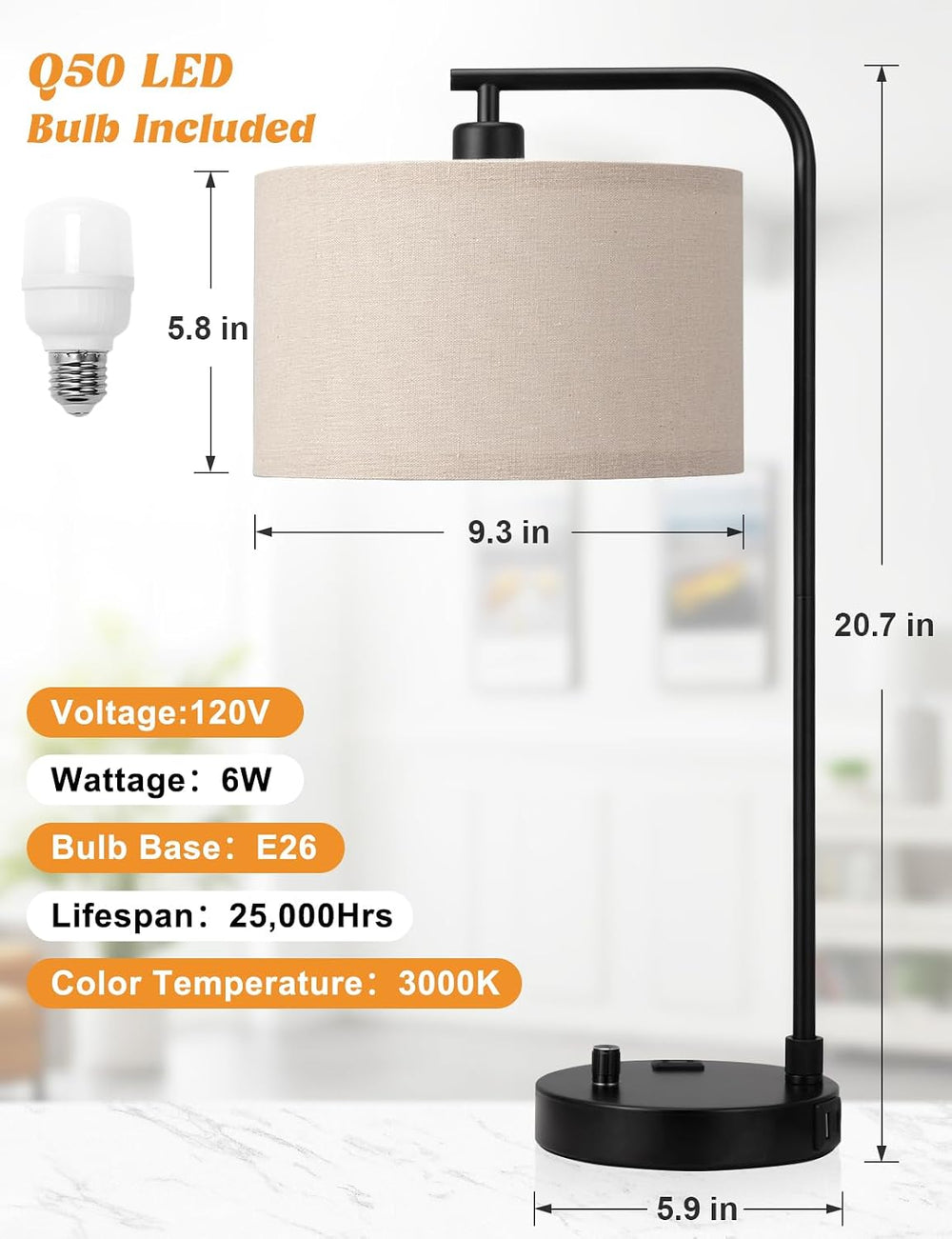 20.7" Tall Table Lamp with USB & Outlet, Fully Dimmable Nightstand Lamp