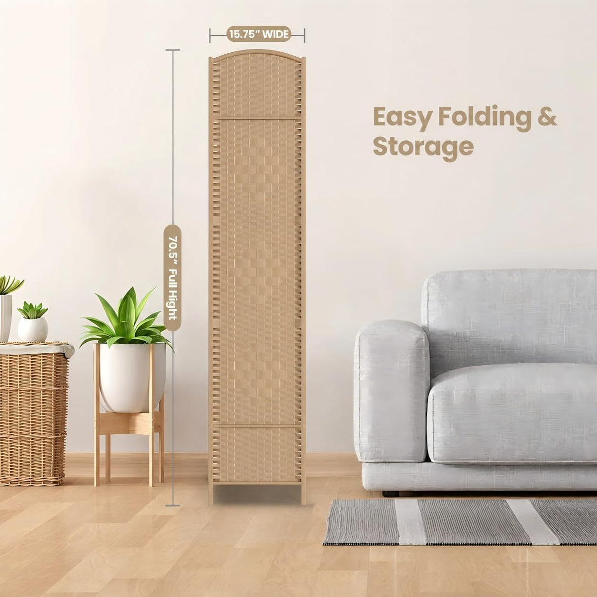 6 Panel Folding Room Divider,Woven Privacy Screen,Light Beige