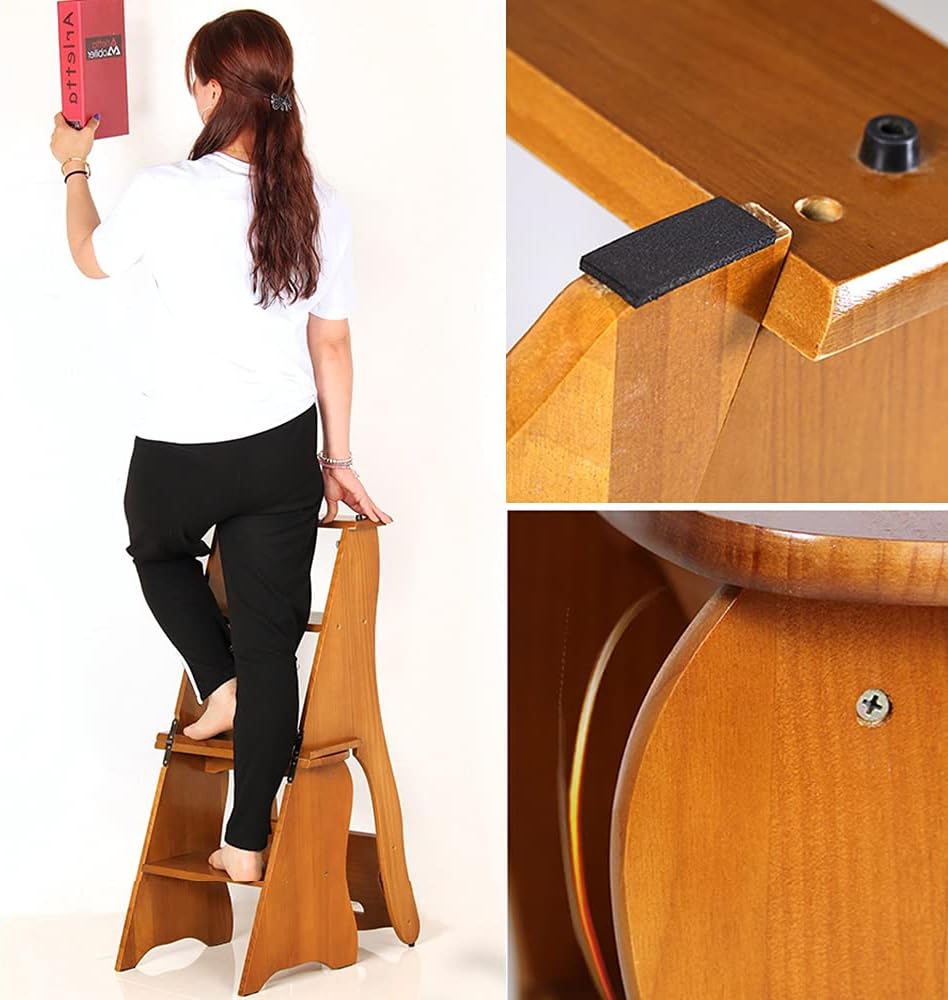 Wooden Folding Library Ladder Chair,2 in 1 Lightweight Portable Multifunction...