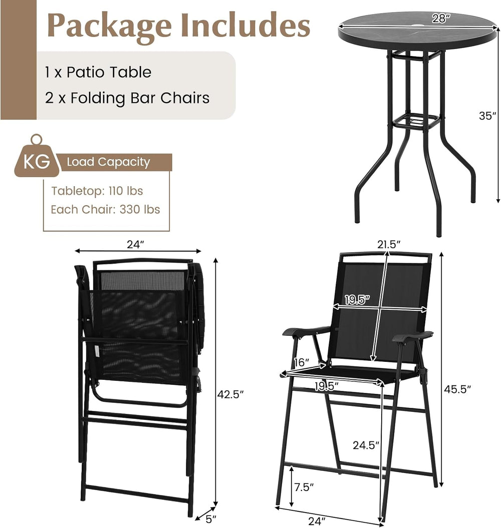 COSTWAY 3 PCS Patio Table and Chairs Set, Bistro Furniture with DPC Tabletop,...