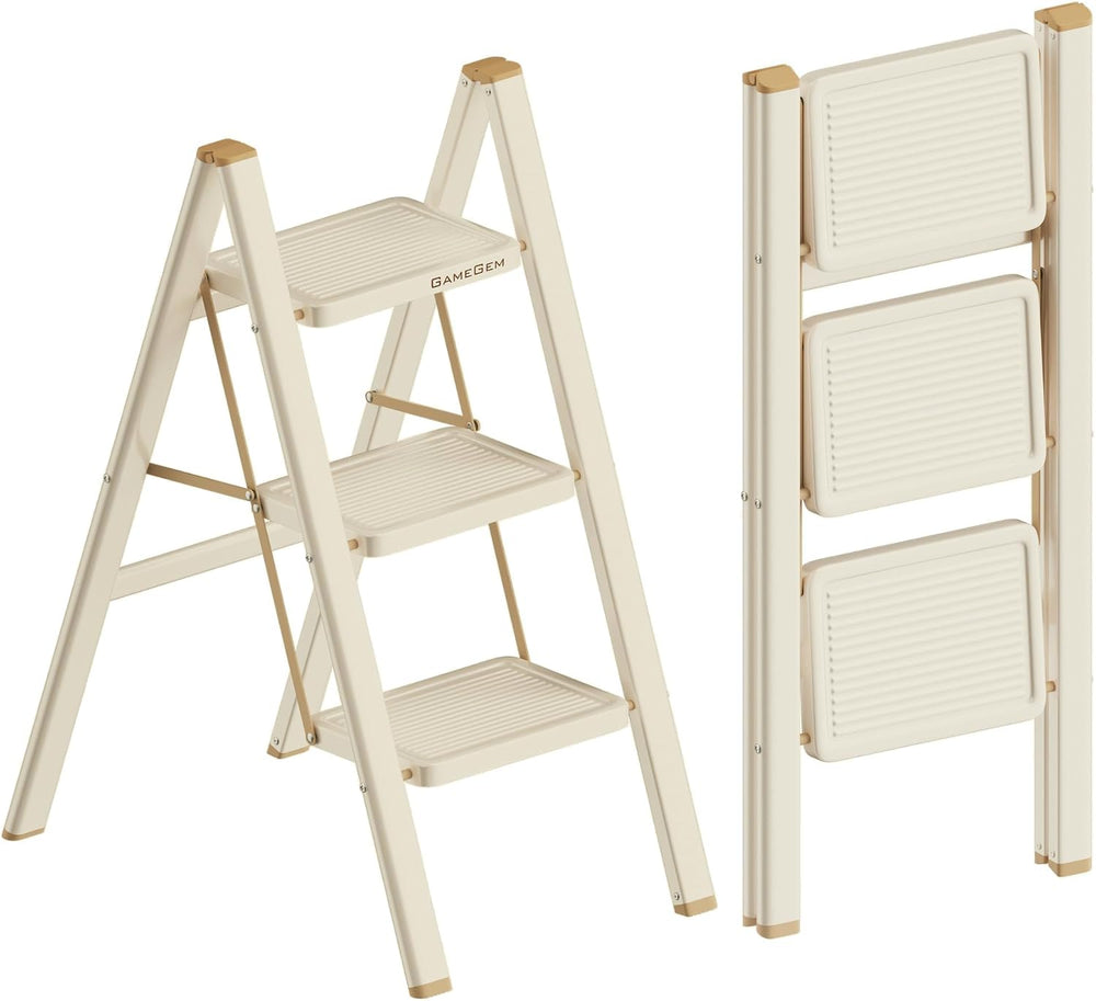 3 Step Ladder, Foldable 3 Step Stool, Cream Chocolate
