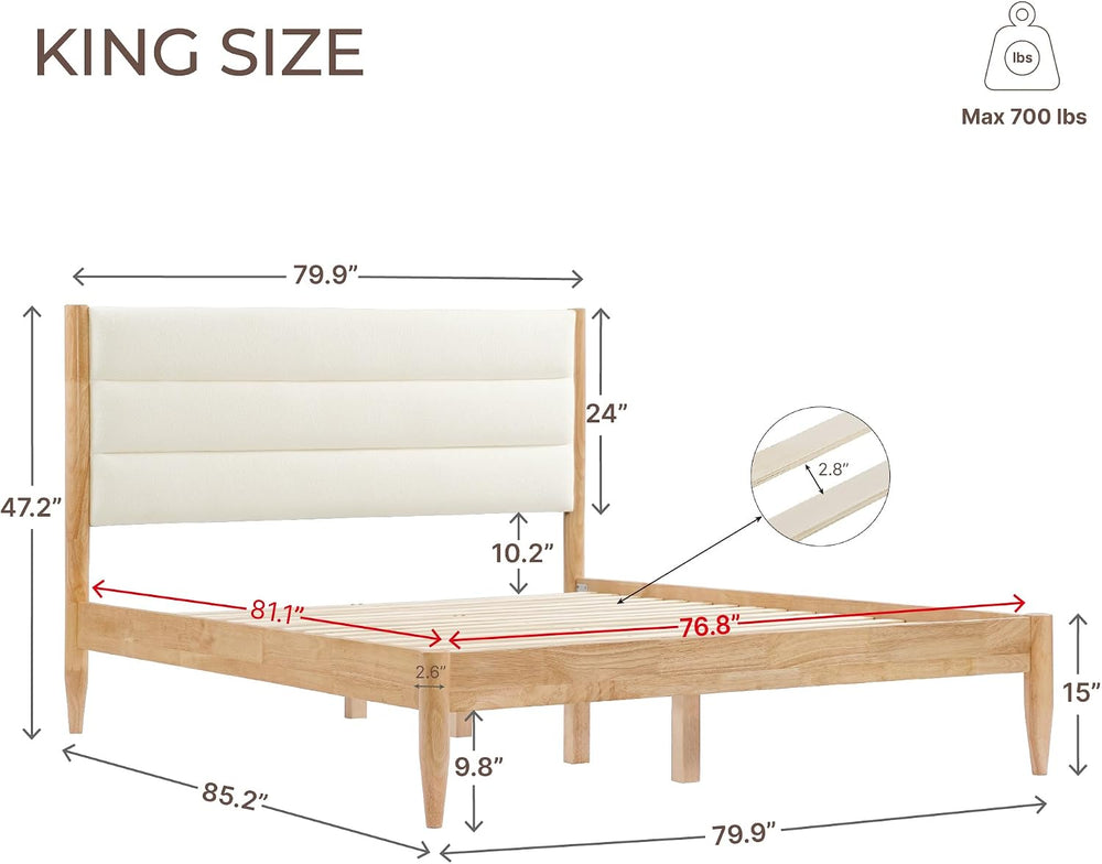 KISLOT Wood Bed Frame with Upholstered Headboard, Cream, King