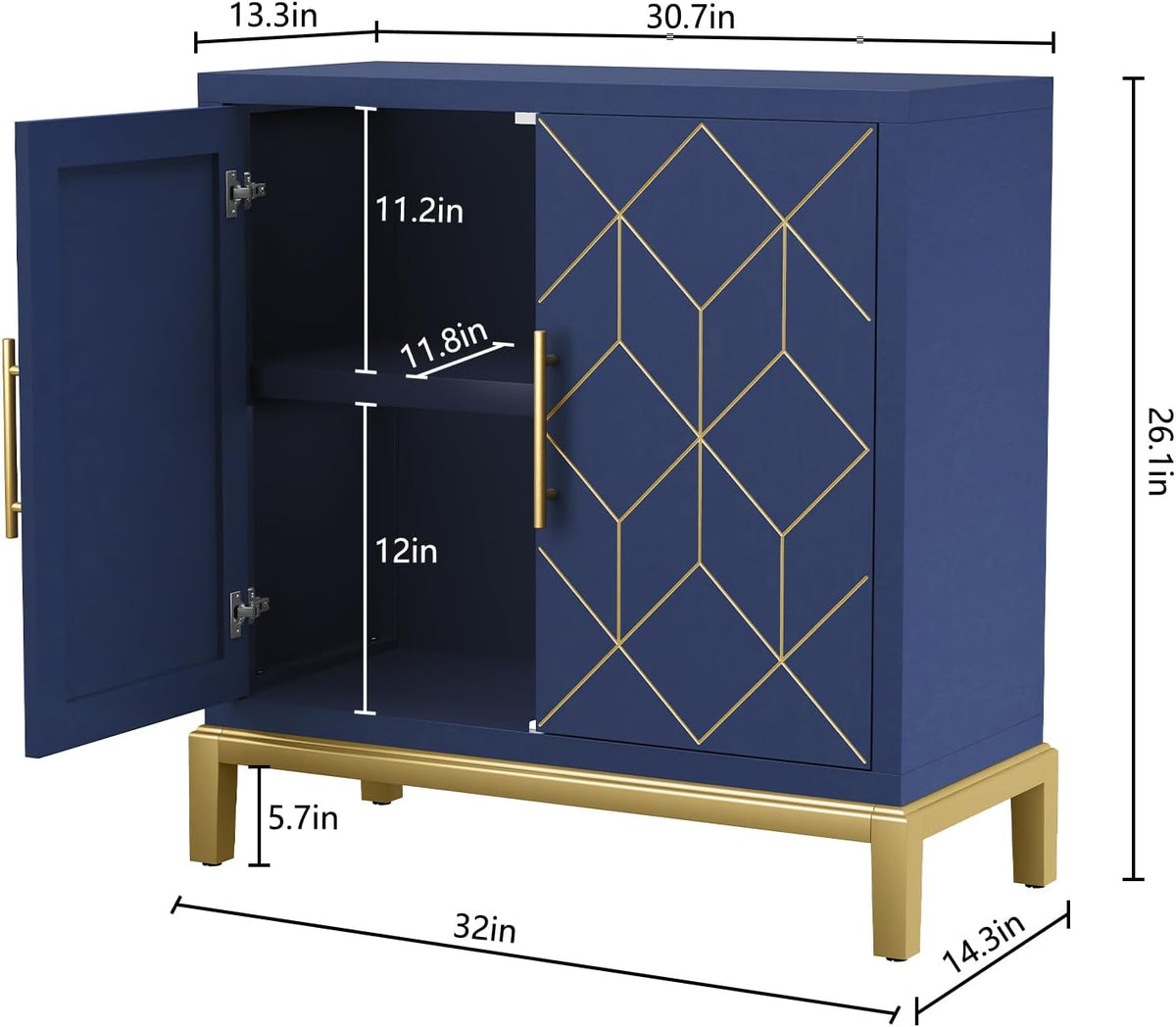 HLR Accent Cabinet with Gold Trim,Storage Cabinet with 2 Doors,Modern Wooden Sideboard for Living Room, Kitchen, Office and Hallway,Blue