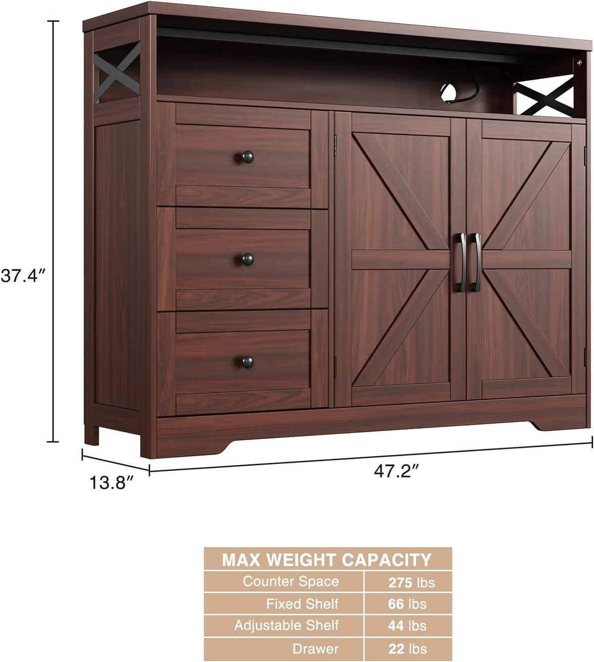 47" Dark Brown Farmhouse Storage Cabinet with Barn Doors and Drawers