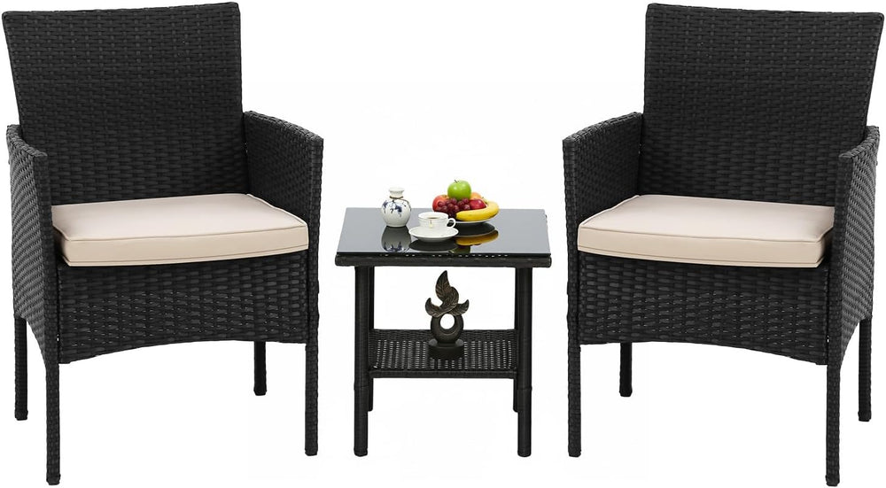 FDW 3-Piece Patio Furniture Set | Black & Khaki | Outdoor Wicker Furniture