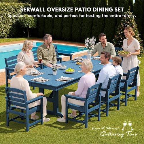 SERWALL 9Pcs 84" HDPE Outdoor Dining Set for 8 with Armchairs,Blue