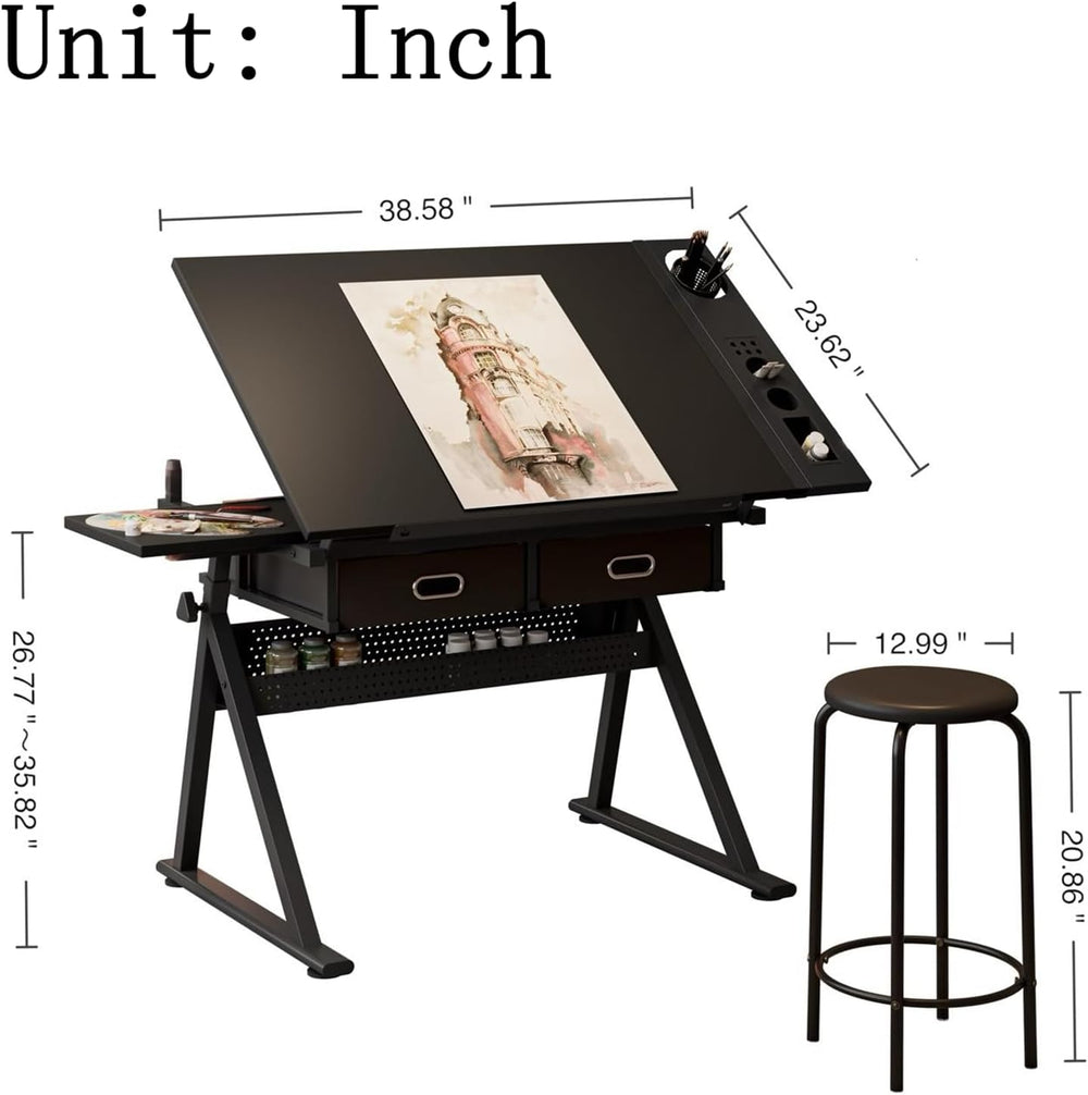 Height Adjustable Art Table Drafting Table with Stool, Black