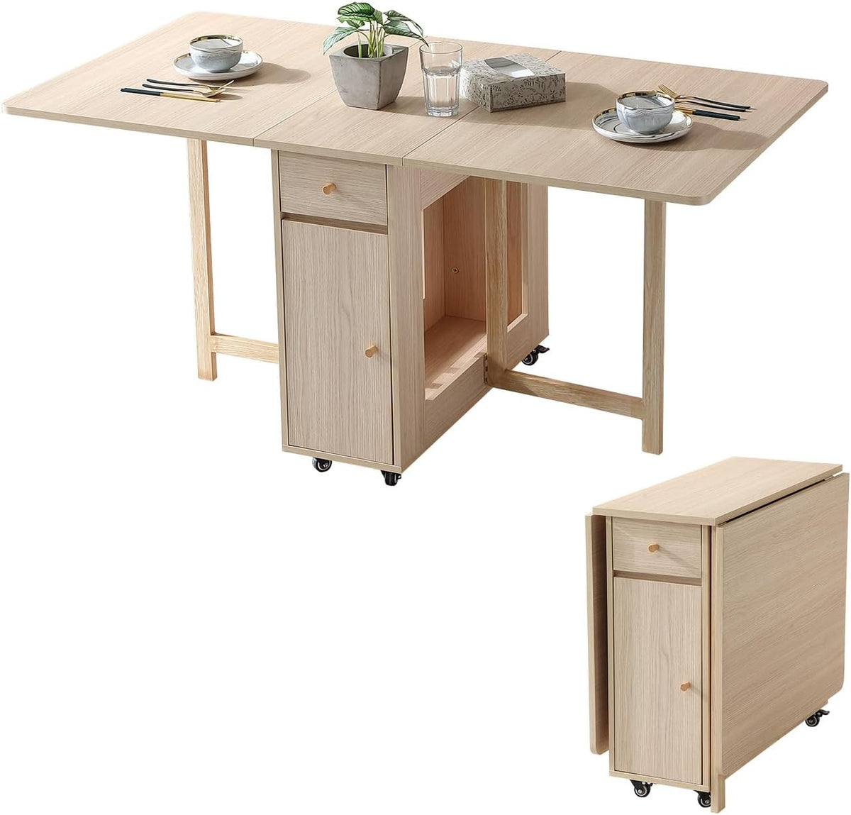 COMUHOME Drop Leaf Folding Dining Table with Storage, Wheels, Space Saving