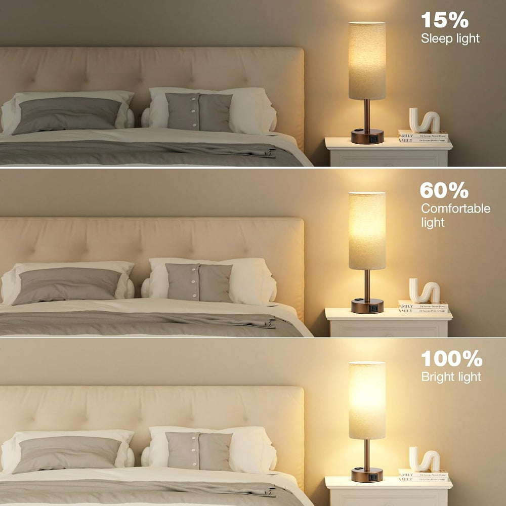 Fenmzee Brown Bedside Lamp for Bedroom, Dimmable Touch, USB A+C, AC Outlet